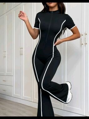 Black Slim-Fit Jumpsuit with White Piping